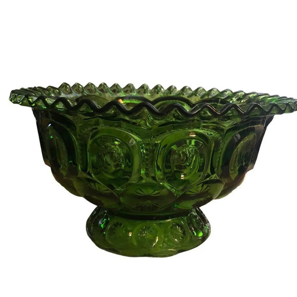 Vintage L.E. SMITH Moon & Star 5.5" x 10" Green Scallop Rim Large Footed Bowl - Picture 2 of 4
